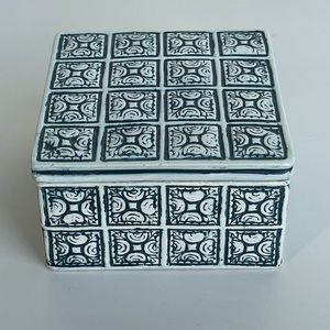 Danzine Jewelry Trinket Box Cobalt White Embossed Moroccan Design Hand Painted
